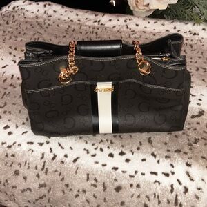 Guess Black Monogram Shoulder Tote with White Center Stripe